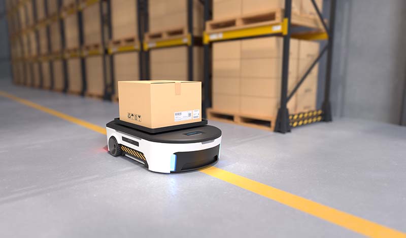 AMRs Autonomous Mobile Robots transporting goods in a cardboard box