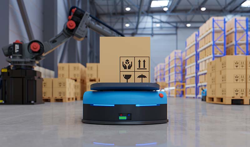 a blue AMR Autonomous Mobile Robot with a cardboard box