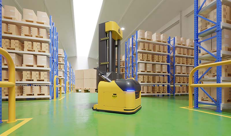 Automatic Guided Vehicle with forklift in warehouse setting