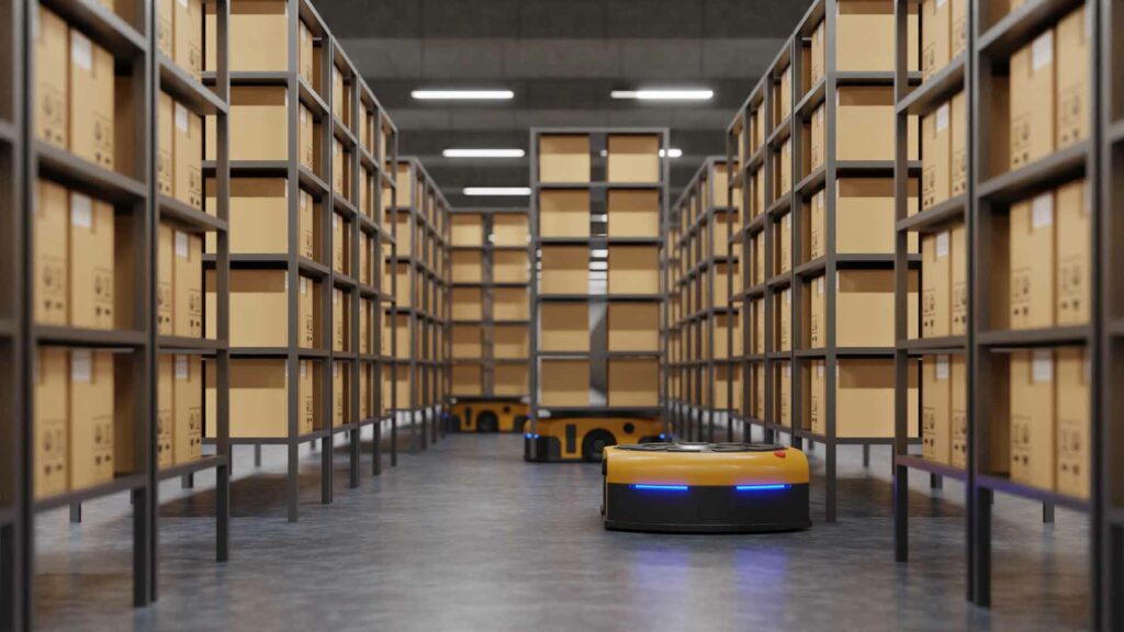 Warehouse in logistic center with Automated guided vehicle Is a delivery vehicle.3D Rendering